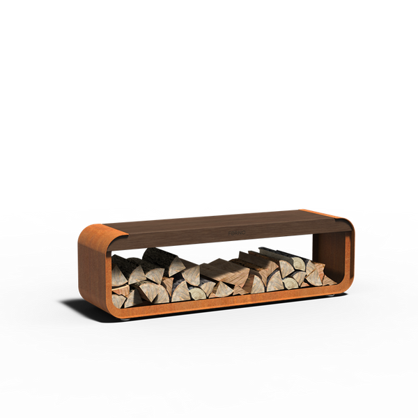 Cortenstahl Holzlager SERRA mit Sitz