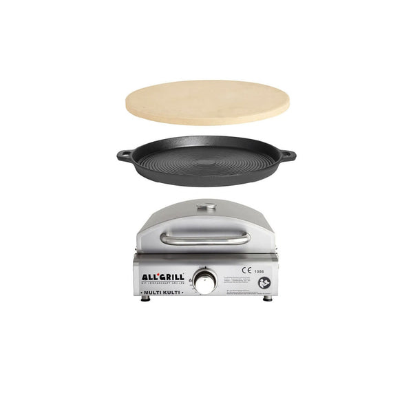 Allgrill Multi-Kulti Gasgrill Set 1 mit Zündsicherung - inkl. Pizzastein & Gusseisenpfanne