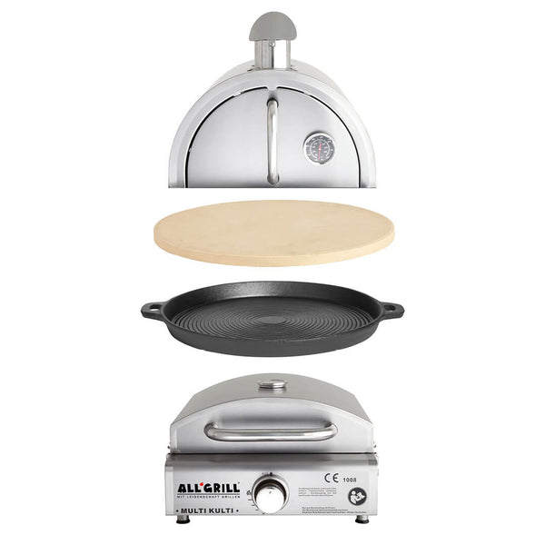 Allgrill Multi-Kulti Gasgrill Set 4 mit Zündsicherung - inkl. Pizzabackhaube, Pizzastein & Gusseisenpfanne