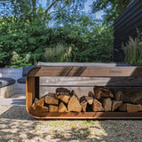 Cortenstahl Holzlager SERRA mit Sitz