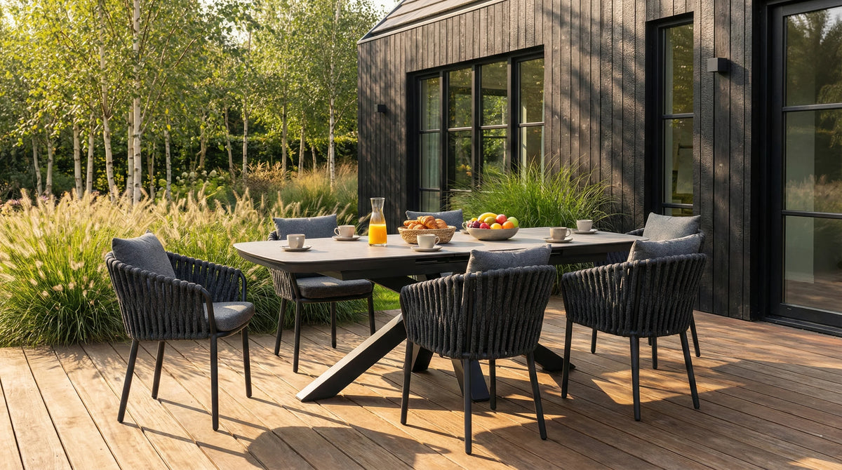 Barths Gartenmöbelset Toronto - Ausziehbarer Sinterstein-Tisch 180/220x100 cm mit 6 Stühlen | Sand