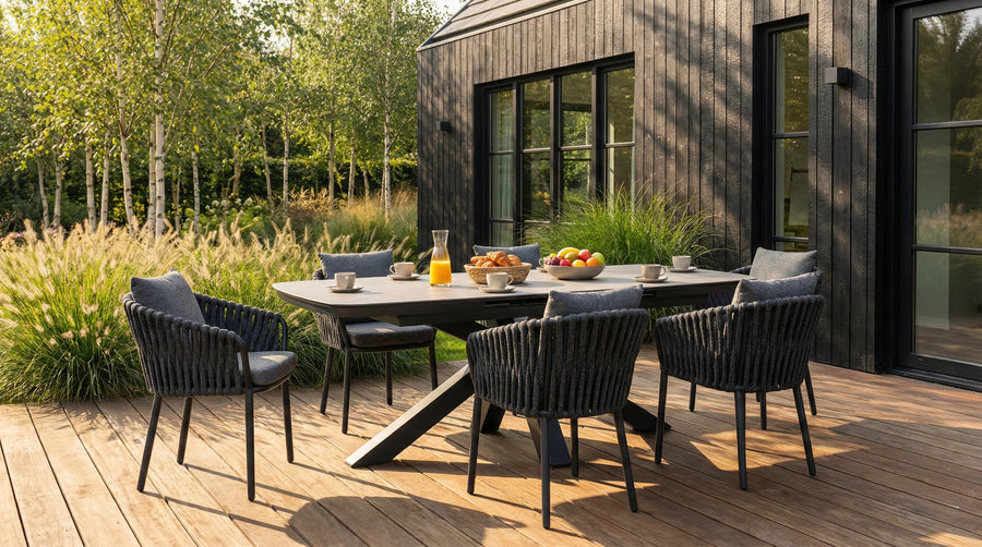Barths Gartenmöbelset Toronto - Ausziehbarer Sinterstein-Tisch 180/220x100 cm mit 6 Stühlen | Sand